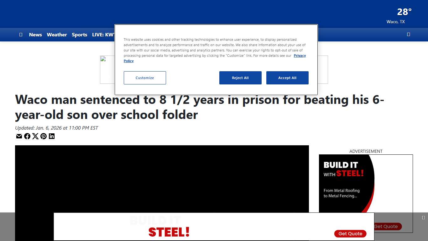 Waco man sentenced to 8 1/2 years in prison for beating his 6-year-old son over school folder