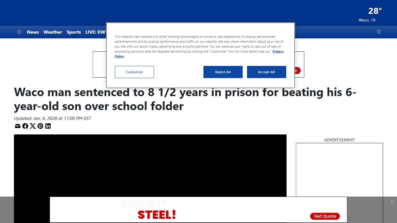 Waco man sentenced to 8 1/2 years in prison for beating his 6-year-old son over school folder